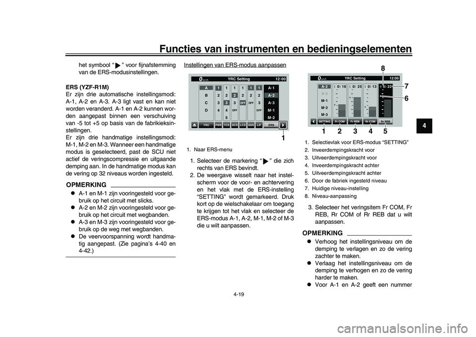 YAMAHA YZF-R1M 2017  Instructieboekje (in Dutch) Functies van instrumenten en bedieningselementen
4-19
1
2
345
6
7
8
9
10
11
12
het symbool “ ” voor fijnafstemming
van de ERS-modusinstellingen.
ERS (YZF-R1M)
Er zijn drie automa tische instelling