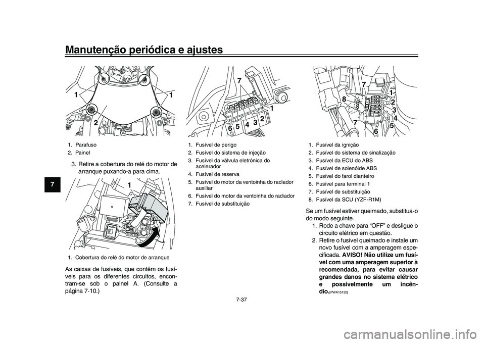 YAMAHA YZF-R1 2017 Manual de utilização (in Portuguese) Manutenção periódica e ajustes
7-37
1
2
3
4
5
67
8
9
10
11
12
3. Retire a cobertura do relé do motor de arranque puxando-a para cima.
As caixas de fusíveis, que contêm os fusí-
veis para os dif YAMAHA YZF-R1 2017 Manual de utilização (in Portuguese) Manutenção periódica e ajustes
7-37
1
2
3
4
5
67
8
9
10
11
12
3. Retire a cobertura do relé do motor de arranque puxando-a para cima.
As caixas de fusíveis, que contêm os fusí-
veis para os dif