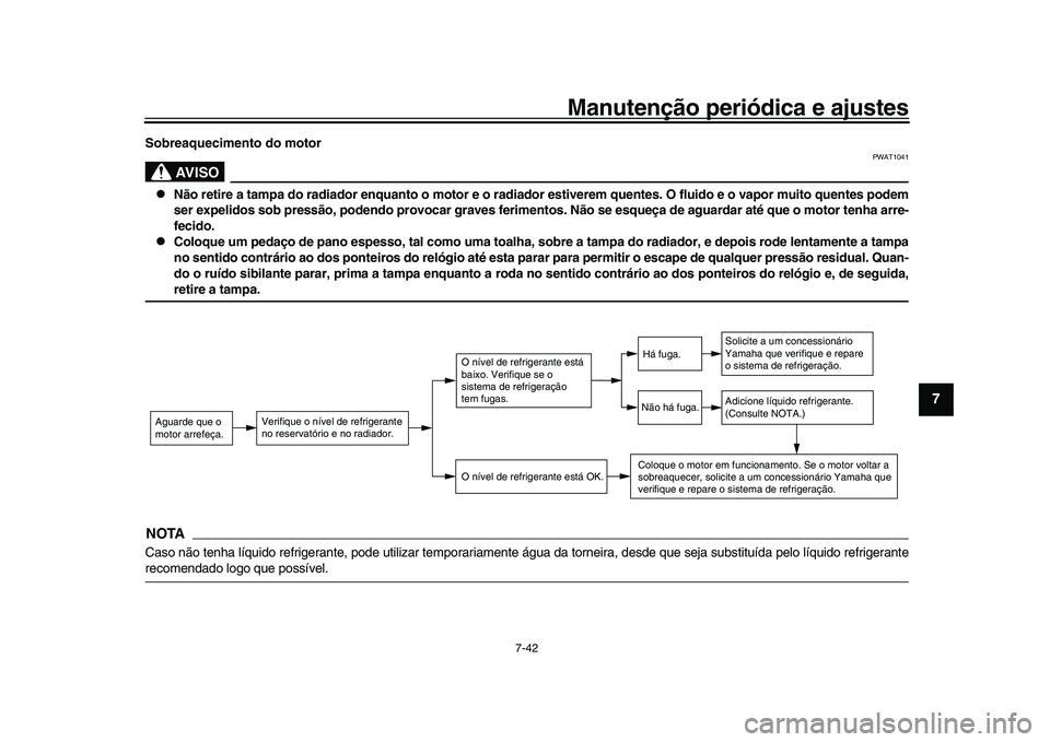 YAMAHA YZF-R1M 2017 Manual de utilização (in Portuguese) Manutenção periódica e ajustes
7-42
1
2
3
4
5
678
9
10
11
12
Sobreaquecimento do motor
AVISO
PWAT1041
Não retire a tampa do radiador enquanto o motor e o radia dor estiverem quentes. O fluido YAMAHA YZF-R1M 2017 Manual de utilização (in Portuguese) Manutenção periódica e ajustes
7-42
1
2
3
4
5
678
9
10
11
12
Sobreaquecimento do motor
AVISO
PWAT1041
Não retire a tampa do radiador enquanto o motor e o radia dor estiverem quentes. O fluido