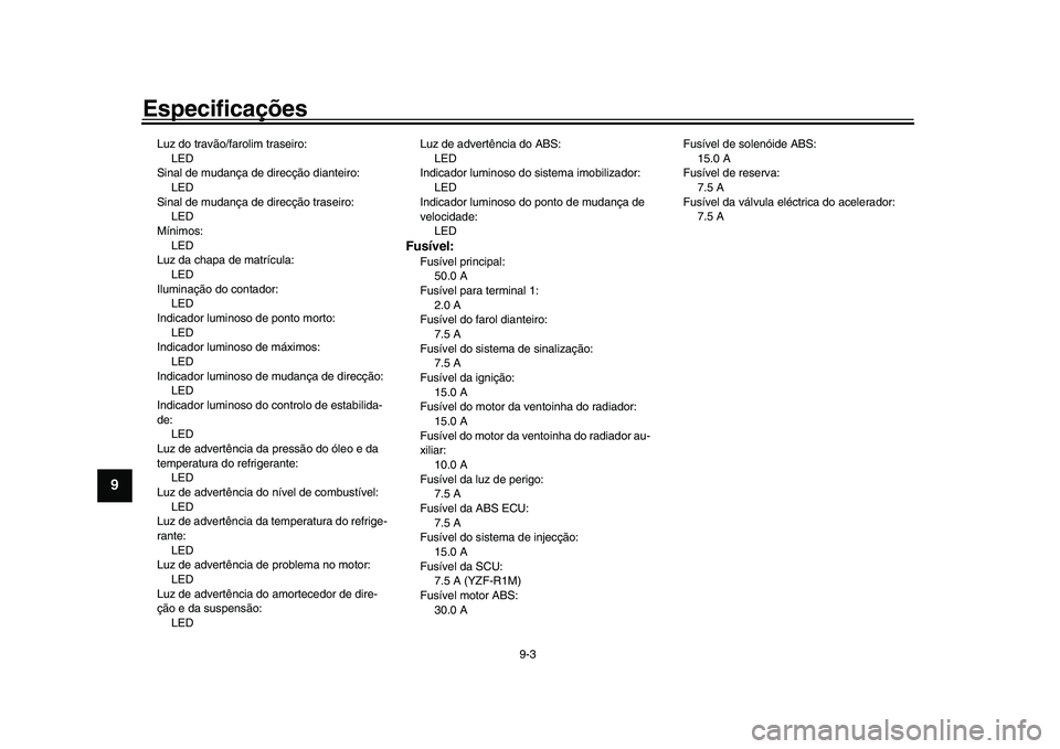 YAMAHA YZF-R1 2017 Manual de utilização (in Portuguese) Especificações
9-3
1
2
3
4
5
6
7
89
10
11
12
Luz do travão/farolim traseiro: LED
Sinal de mudança de direcção dianteiro:
LED
Sinal de mudança de direcção traseiro: LED
Mínimos: LED
Luz da ch YAMAHA YZF-R1 2017 Manual de utilização (in Portuguese) Especificações
9-3
1
2
3
4
5
6
7
89
10
11
12
Luz do travão/farolim traseiro: LED
Sinal de mudança de direcção dianteiro:
LED
Sinal de mudança de direcção traseiro: LED
Mínimos: LED
Luz da ch