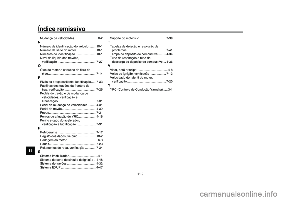 YAMAHA YZF-R1 2017 Manual de utilização (in Portuguese) Índice remissivo
11-2
1
2
3
4
5
6
7
8
9
1011
12
Mudança de velocidades ...........................6-2NNúmero de identificação do veículo .........10-1
Número de série do motor ................ YAMAHA YZF-R1 2017 Manual de utilização (in Portuguese) Índice remissivo
11-2
1
2
3
4
5
6
7
8
9
1011
12
Mudança de velocidades ...........................6-2NNúmero de identificação do veículo .........10-1
Número de série do motor ................