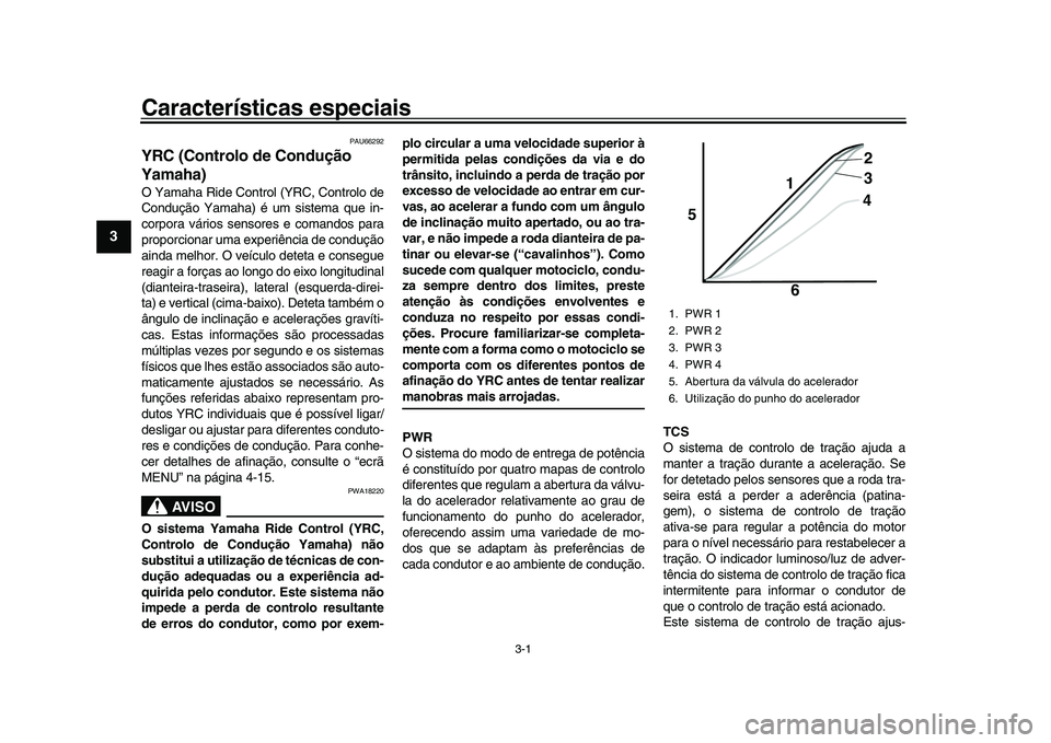 YAMAHA YZF-R1M 2017  Manual de utilização (in Portuguese) 3-1
1
23
4
5
6
7
8
9
10
11
12
Características especiais
PAU66292
YRC (Controlo de Condução 
Yamaha)O Yamaha Ride Control (YRC, Controlo de
Condução Yamaha) é um sistema que in-
corpora vários s