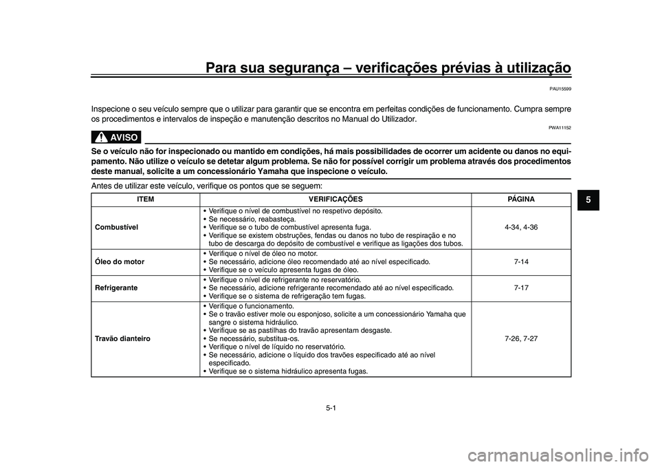 YAMAHA YZF-R1 2017  Manual de utilização (in Portuguese) 5-1
1
2
3
456
7
8
9
10
11
12
Para sua segurança – verifi cações prévias à utilização
PAU15599
Inspecione o seu veículo sempre que o utiliz ar para garantir que se encontra em perfeitas condi