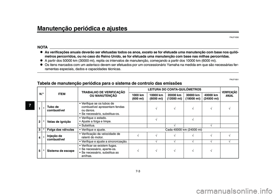 YAMAHA YZF-R1 2017  Manual de utilização (in Portuguese) Manutenção periódica e ajustes
7-3
1
2
3
4
5
67
8
9
10
11
12
PAU71030
NOTA
As verificações anuais deverão ser efetuadas todos os anos , exceto se for efetuada uma manutenção com base nos qu
