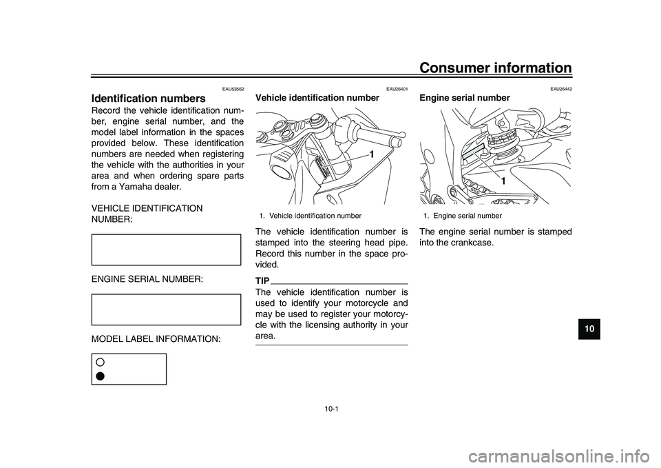 YAMAHA YZF-R1 2016 Owners Manual 10-1
1
2
3
4
5
6
7
8
91011
12
Consumer information
EAU53562
Identification numbersRecord the vehicle identification num-
ber, engine serial number, and the
model label information in the spaces
provid YAMAHA YZF-R1 2016 Owners Manual 10-1
1
2
3
4
5
6
7
8
91011
12
Consumer information
EAU53562
Identification numbersRecord the vehicle identification num-
ber, engine serial number, and the
model label information in the spaces
provid