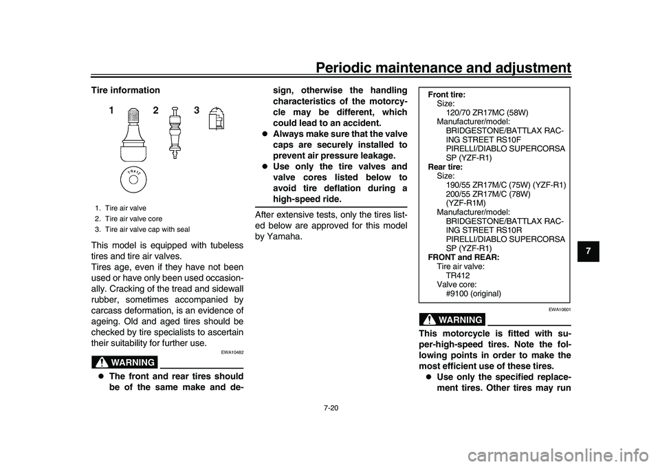 YAMAHA YZF-R1M 2016 Owners Manual Periodic maintenance and adjustment7-20
1
2
3
4
5
678
9
10
11
12
Tire information
This model is equipped with tubeless
tires and tire air valves.
Tires age, even if they have not been
used or have onl YAMAHA YZF-R1M 2016 Owners Manual Periodic maintenance and adjustment7-20
1
2
3
4
5
678
9
10
11
12
Tire information
This model is equipped with tubeless
tires and tire air valves.
Tires age, even if they have not been
used or have onl