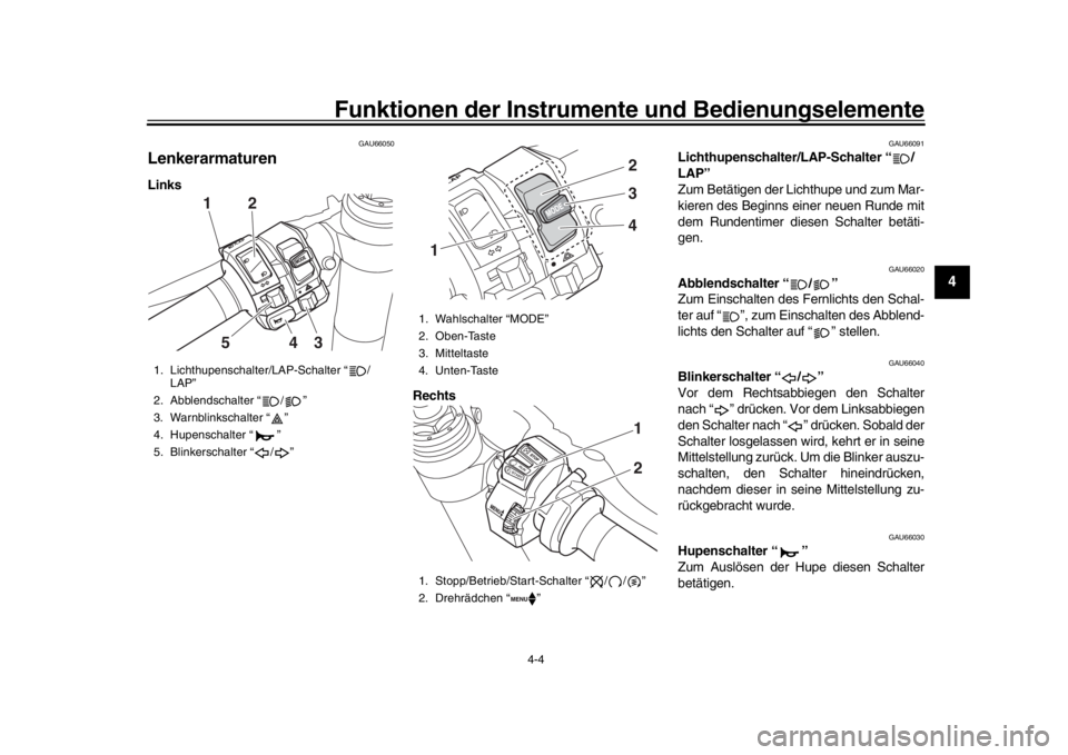YAMAHA YZF-R1M 2016 Betriebsanleitungen (in German) Funktionen der Instrumente und Bedienungselemente
4-4
1
2
345
6
7
8
9
10
11
12
GAU66050
LenkerarmaturenLinks
Rechts
GAU66091
Lichthupenschalter/LAP-Schalter “ /
LAP”
Zum Betätigen der Lichthupe u YAMAHA YZF-R1M 2016 Betriebsanleitungen (in German) Funktionen der Instrumente und Bedienungselemente
4-4
1
2
345
6
7
8
9
10
11
12
GAU66050
LenkerarmaturenLinks
Rechts
GAU66091
Lichthupenschalter/LAP-Schalter “ /
LAP”
Zum Betätigen der Lichthupe u