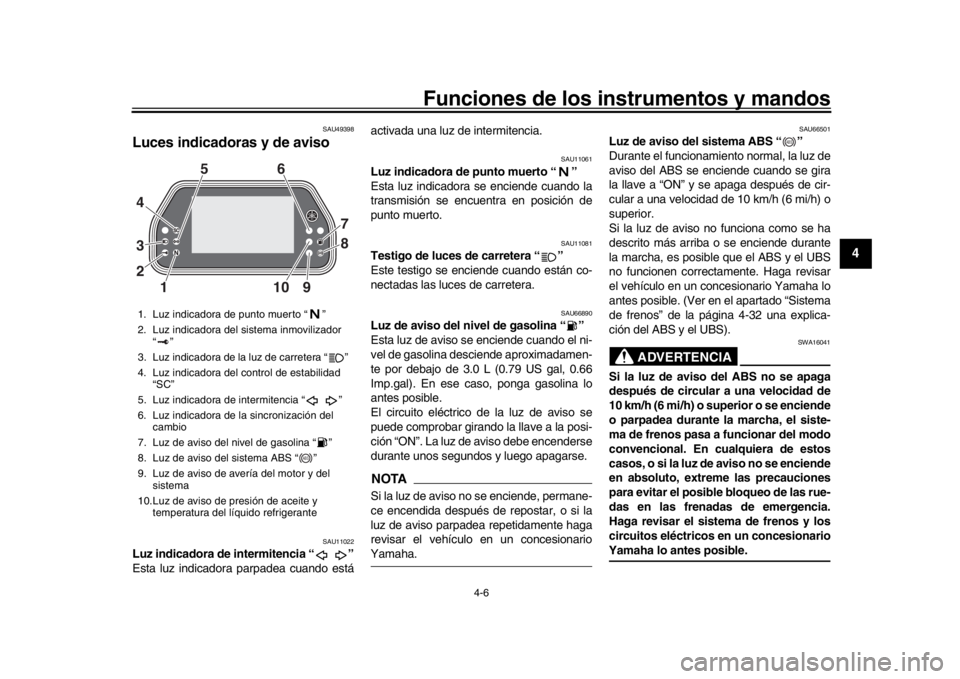 YAMAHA YZF-R1 2016 Manuale de Empleo (in Spanish) Funciones de los instrumentos y mandos
4-6
1
2
345
6
7
8
9
10
11
12
SAU49398
Luces indicadoras y de aviso
SAU11022
Luz indicadora de intermitencia “ ”
Esta luz indicadora parpadea cuando está act YAMAHA YZF-R1 2016 Manuale de Empleo (in Spanish) Funciones de los instrumentos y mandos
4-6
1
2
345
6
7
8
9
10
11
12
SAU49398
Luces indicadoras y de aviso
SAU11022
Luz indicadora de intermitencia “ ”
Esta luz indicadora parpadea cuando está act