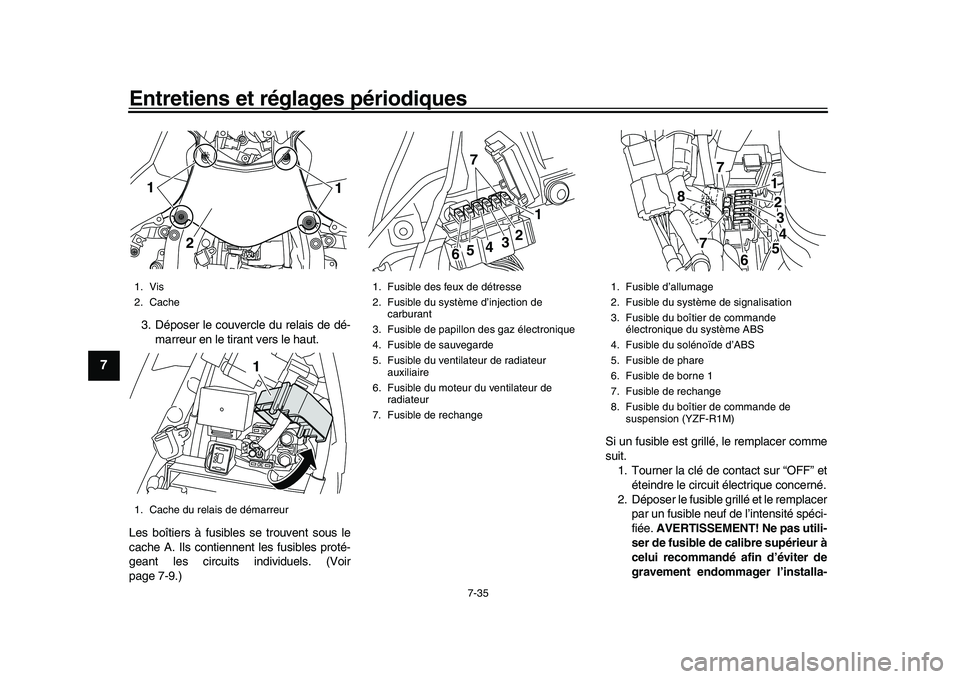 YAMAHA YZF-R1M 2016  Notices Demploi (in French) Entretiens et réglages périodiques
7-35
1
2
3
4
5
67
8
9
10
11
12
3. Déposer le couvercle du relais de dé- marreur en le tirant vers le haut.
Les boîtiers à fusibles  se trouvent sous le
cache A