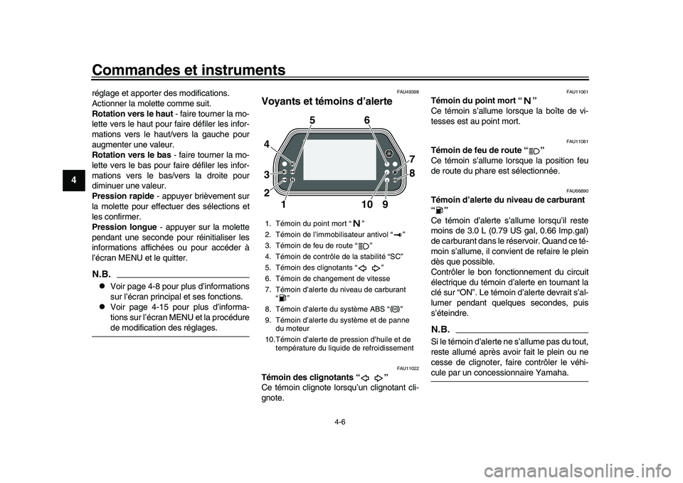 YAMAHA YZF-R1M 2016 Notices Demploi (in French) Commandes et instruments
4-6
1
2
34
5
6
7
8
9
10
11
12
réglage et apporter des modifications.
Actionner la molette comme suit.
Rotation vers le haut - faire tourner la mo-
lette vers le haut pour fa YAMAHA YZF-R1M 2016 Notices Demploi (in French) Commandes et instruments
4-6
1
2
34
5
6
7
8
9
10
11
12
réglage et apporter des modifications.
Actionner la molette comme suit.
Rotation vers le haut - faire tourner la mo-
lette vers le haut pour fa