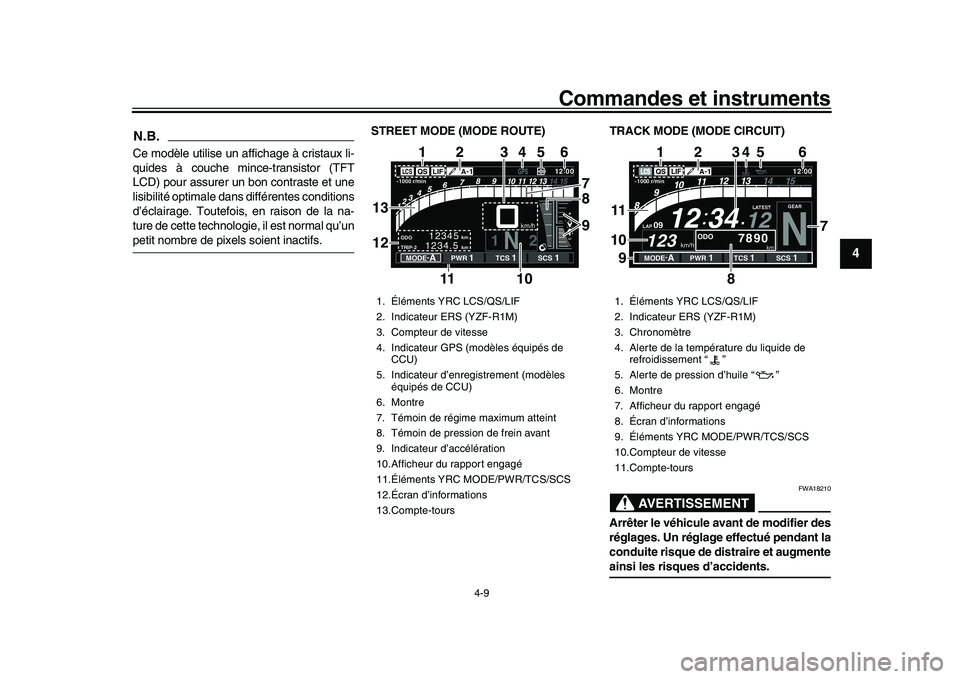 YAMAHA YZF-R1M 2016  Notices Demploi (in French) Commandes et instruments
4-9
1
2
345
6
7
8
9
10
11
12
N.B.Ce modèle utilise un affichage à cristaux li-
quides à couche mince-transistor (TFT
LCD) pour assurer un bon contraste et une
lisibilité o