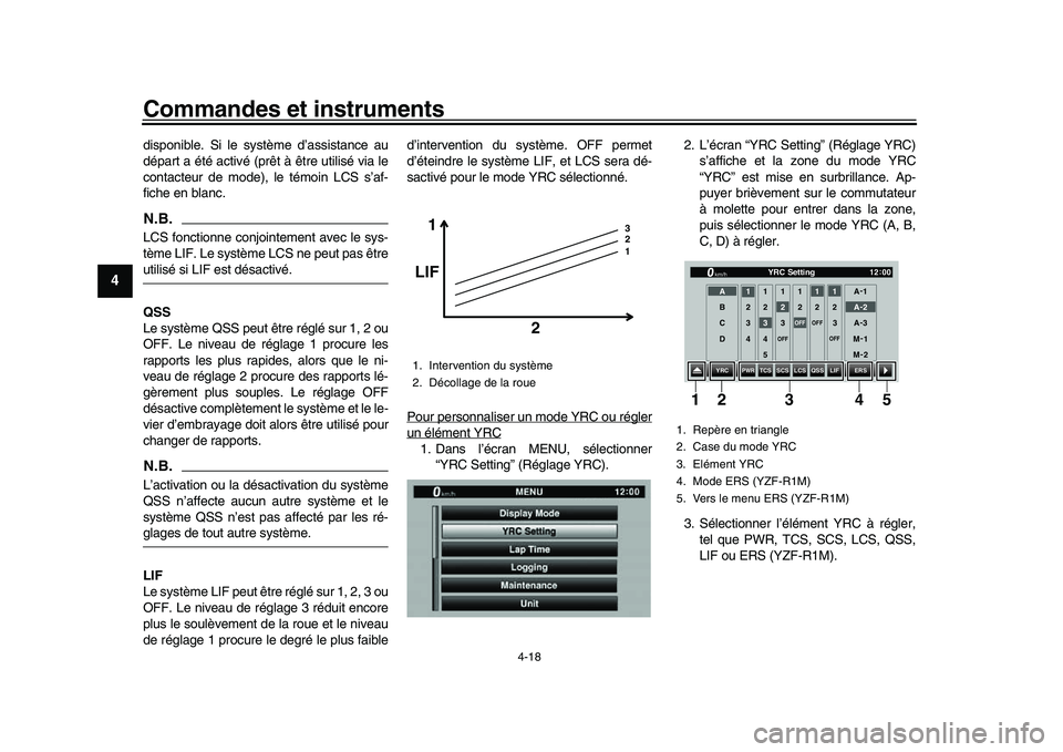 YAMAHA YZF-R1M 2016  Notices Demploi (in French) Commandes et instruments
4-18
1
2
34
5
6
7
8
9
10
11
12
disponible. Si le système d’assistance au
départ a été activé (prêt à être utilisé via le
contacteur de mode), le témoin LCS s’af-