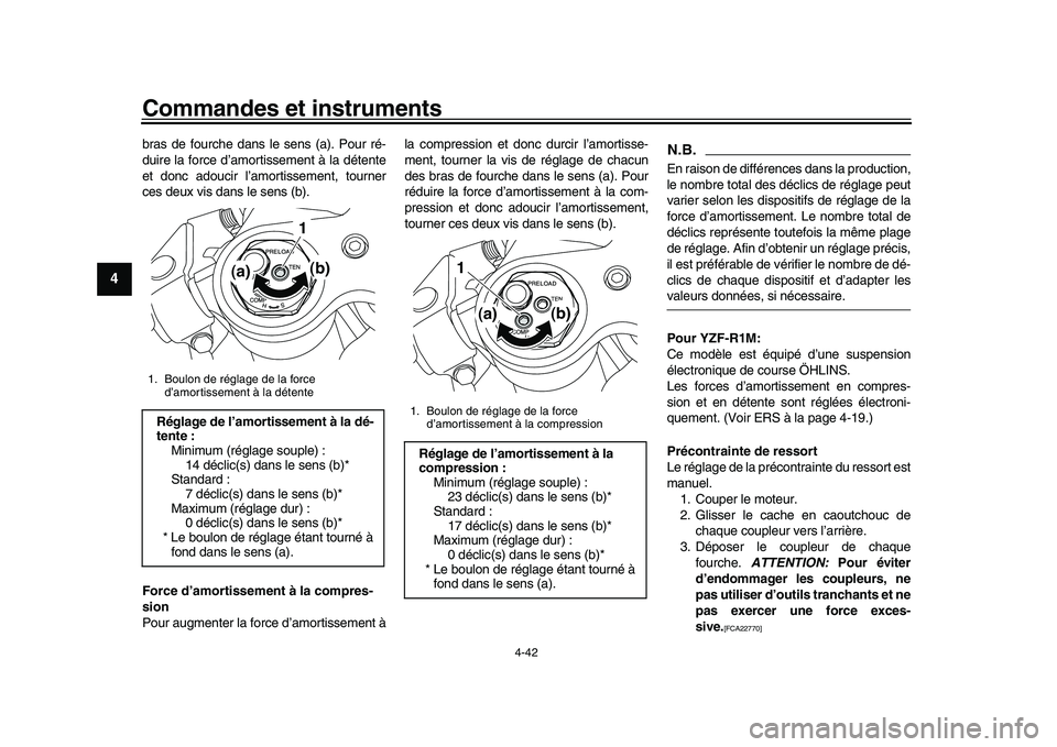 YAMAHA YZF-R1M 2016  Notices Demploi (in French) Commandes et instruments
4-42
1
2
34
5
6
7
8
9
10
11
12
bras de fourche dans le  sens (a). Pour ré-
duire la force d’amortissement à la détente
et donc adoucir l’amortissement, tourner
ces deux