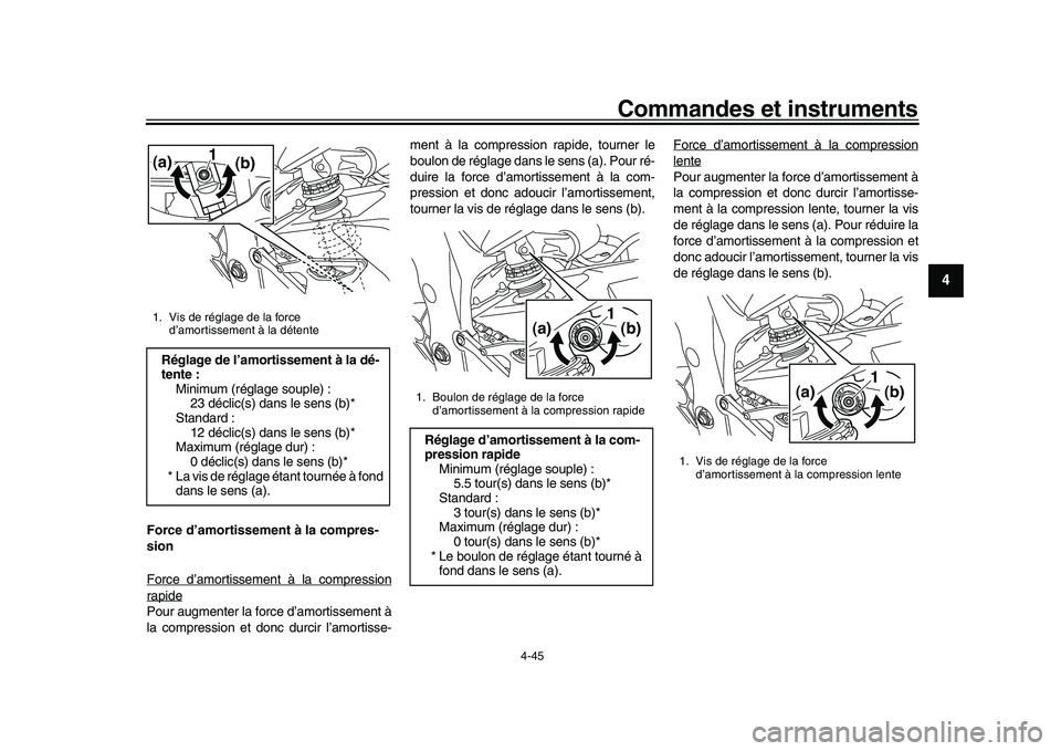 YAMAHA YZF-R1M 2016  Notices Demploi (in French) Commandes et instruments
4-45
1
2
345
6
7
8
9
10
11
12
Force d’amortissement à la compres-
sion
Force d’amortissement à la compressionrapidePour augmenter la fo rce d’amortissement à
la compr