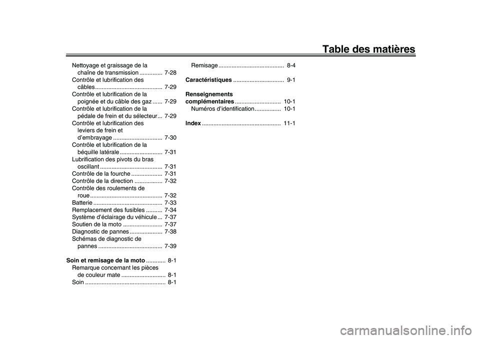 YAMAHA YZF-R1 2016  Notices Demploi (in French) Table des matières
Nettoyage et graissage de la chaîne de transmission ..............  7-28
Contrôle et lubrification des  câbles.........................................  7-29
Contrôle et lubrif