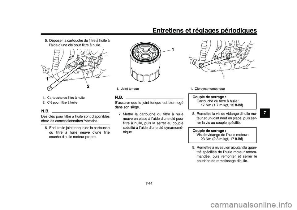 YAMAHA YZF-R1M 2016  Notices Demploi (in French) Entretiens et réglages périodiques
7-14
1
2
3
4
5
678
9
10
11
12
5. Déposer la cartouche du filtre à huile à l’aide d’une clé pour filtre à huile.N.B.Des clés pour filtre à huile sont dis