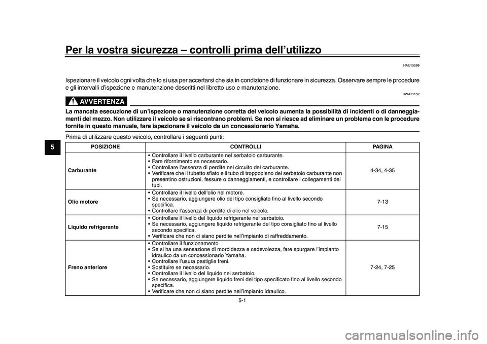 YAMAHA YZF-R1M 2016 Manuale duso (in Italian) 5-1
1
2
3
45
6
7
8
9
10
11
12
Per la vostra sicurezza – controlli prima dell’utilizzo
HAU15599
Ispezionare il veicolo ogni volta che lo si usa per accertarsi che sia in condizione di funzionare YAMAHA YZF-R1M 2016 Manuale duso (in Italian) 5-1
1
2
3
45
6
7
8
9
10
11
12
Per la vostra sicurezza – controlli prima dell’utilizzo
HAU15599
Ispezionare il veicolo ogni volta che lo si usa per accertarsi che sia in condizione di funzionare