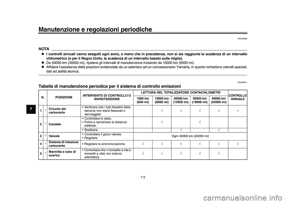 YAMAHA YZF-R1M 2016 Manuale duso (in Italian) Manutenzione e regolazioni periodiche
7-3
1
2
3
4
5
67
8
9
10
11
12
HAU46862
NOTA
I controlli annuali vanno eseguiti ogni anno, a meno che in precedenza, non si sia raggiunta la scadenza di un inte YAMAHA YZF-R1M 2016 Manuale duso (in Italian) Manutenzione e regolazioni periodiche
7-3
1
2
3
4
5
67
8
9
10
11
12
HAU46862
NOTA
I controlli annuali vanno eseguiti ogni anno, a meno che in precedenza, non si sia raggiunta la scadenza di un inte
