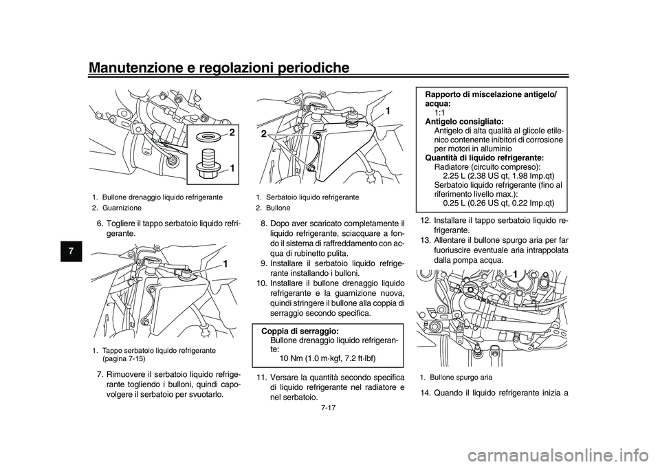 YAMAHA YZF-R1M 2016 Manuale duso (in Italian) Manutenzione e regolazioni periodiche
7-17
1
2
3
4
5
67
8
9
10
11
12
6. Togliere il tappo serbatoio liquido refri- gerante.
7. Rimuovere il serbatoio liquido refrige- rante togliendo i bulloni, quindi YAMAHA YZF-R1M 2016 Manuale duso (in Italian) Manutenzione e regolazioni periodiche
7-17
1
2
3
4
5
67
8
9
10
11
12
6. Togliere il tappo serbatoio liquido refri- gerante.
7. Rimuovere il serbatoio liquido refrige- rante togliendo i bulloni, quindi