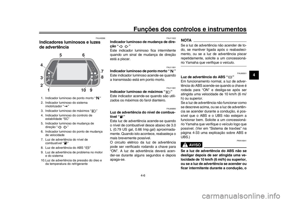 YAMAHA YZF-R1M 2016 Manual de utilização (in Portuguese) Funções dos controlos e instrumentos
4-6
1
2
345
6
7
8
9
10
11
12
PAU49398
Indicadores luminosos e luzes
de advertência
PAU11022
Indicador luminoso de mudança de dire-
ção “ ”
Este indicado YAMAHA YZF-R1M 2016 Manual de utilização (in Portuguese) Funções dos controlos e instrumentos
4-6
1
2
345
6
7
8
9
10
11
12
PAU49398
Indicadores luminosos e luzes
de advertência
PAU11022
Indicador luminoso de mudança de dire-
ção “ ”
Este indicado