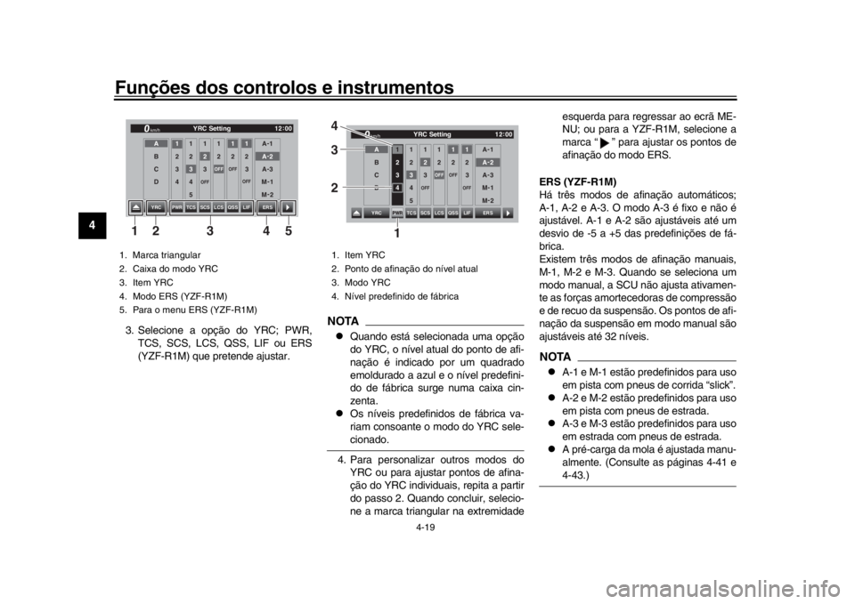 YAMAHA YZF-R1M 2016 Manual de utilização (in Portuguese) Funções dos controlos e instrumentos
4-19
1
2
34
5
6
7
8
9
10
11
12
3. Selecione a opção do YRC; PWR, TCS, SCS, LCS, QSS, LIF ou ERS
(YZF-R1M) que pretende ajustar.
NOTA
Quando está selecionad YAMAHA YZF-R1M 2016 Manual de utilização (in Portuguese) Funções dos controlos e instrumentos
4-19
1
2
34
5
6
7
8
9
10
11
12
3. Selecione a opção do YRC; PWR, TCS, SCS, LCS, QSS, LIF ou ERS
(YZF-R1M) que pretende ajustar.
NOTA
Quando está selecionad