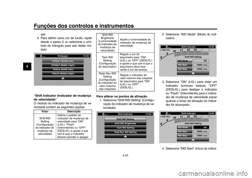 YAMAHA YZF-R1M 2016 Manual de utilização (in Portuguese) Funções dos controlos e instrumentos
4-25
1
2
34
5
6
7
8
9
10
11
12
sair.
5. Para definir outra cor de fundo, repita
desde o passo 2 ou selecione o sím-
bolo do triângulo para sair deste mó-
dulo YAMAHA YZF-R1M 2016 Manual de utilização (in Portuguese) Funções dos controlos e instrumentos
4-25
1
2
34
5
6
7
8
9
10
11
12
sair.
5. Para definir outra cor de fundo, repita
desde o passo 2 ou selecione o sím-
bolo do triângulo para sair deste mó-
dulo