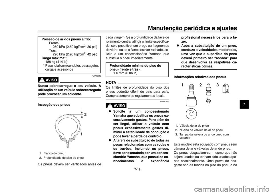 YAMAHA YZF-R1M 2016 Manual de utilização (in Portuguese) Manutenção periódica e ajustes
7-19
1
2
3
4
5
678
9
10
11
12
AVISO
PWA10512
Nunca sobrecarregue o seu veículo. A
utilização de um veículo sobrecarregadopode provocar um acidente.
Inspeção dos YAMAHA YZF-R1M 2016 Manual de utilização (in Portuguese) Manutenção periódica e ajustes
7-19
1
2
3
4
5
678
9
10
11
12
AVISO
PWA10512
Nunca sobrecarregue o seu veículo. A
utilização de um veículo sobrecarregadopode provocar um acidente.
Inspeção dos