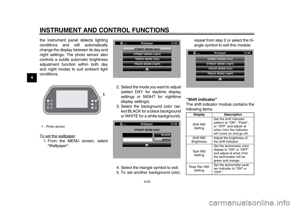 YAMAHA YZF-R1 2015 Owners Manual INSTRUMENT AND CONTROL FUNCTIONS
4-23
1
2
34
5
6
7
8
9
10
11
12 the instrument panel detects lighting
conditions and will automatically
change the display between its day and
night settings. The photo YAMAHA YZF-R1 2015 Owners Manual INSTRUMENT AND CONTROL FUNCTIONS
4-23
1
2
34
5
6
7
8
9
10
11
12 the instrument panel detects lighting
conditions and will automatically
change the display between its day and
night settings. The photo