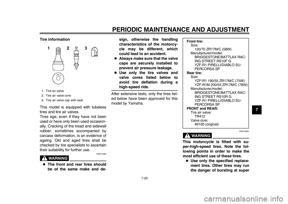 YAMAHA YZF-R1M 2015 Owners Manual PERIODIC MAINTENANCE AND ADJUSTMENT
7-20
1
2
3
4
5
678
9
10
11
12
Tire information
This model is equipped with tubeless
tires and tire air valves.
Tires age, even if they have not been
used or have on YAMAHA YZF-R1M 2015 Owners Manual PERIODIC MAINTENANCE AND ADJUSTMENT
7-20
1
2
3
4
5
678
9
10
11
12
Tire information
This model is equipped with tubeless
tires and tire air valves.
Tires age, even if they have not been
used or have on