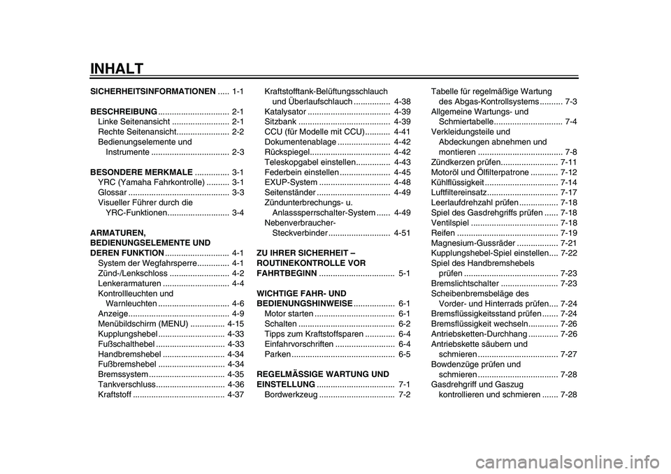 YAMAHA YZF-R1M 2015 Betriebsanleitungen (in German) INHALTSICHERHEITSINFORMATIONEN..... 1-1
BESCHREIBUNG ............................... 2-1
Linke Seitenansicht ......................... 2-1
Rechte Seitenansicht....................... 2-2
Bedienung YAMAHA YZF-R1M 2015 Betriebsanleitungen (in German) INHALTSICHERHEITSINFORMATIONEN..... 1-1
BESCHREIBUNG ............................... 2-1
Linke Seitenansicht ......................... 2-1
Rechte Seitenansicht....................... 2-2
Bedienung