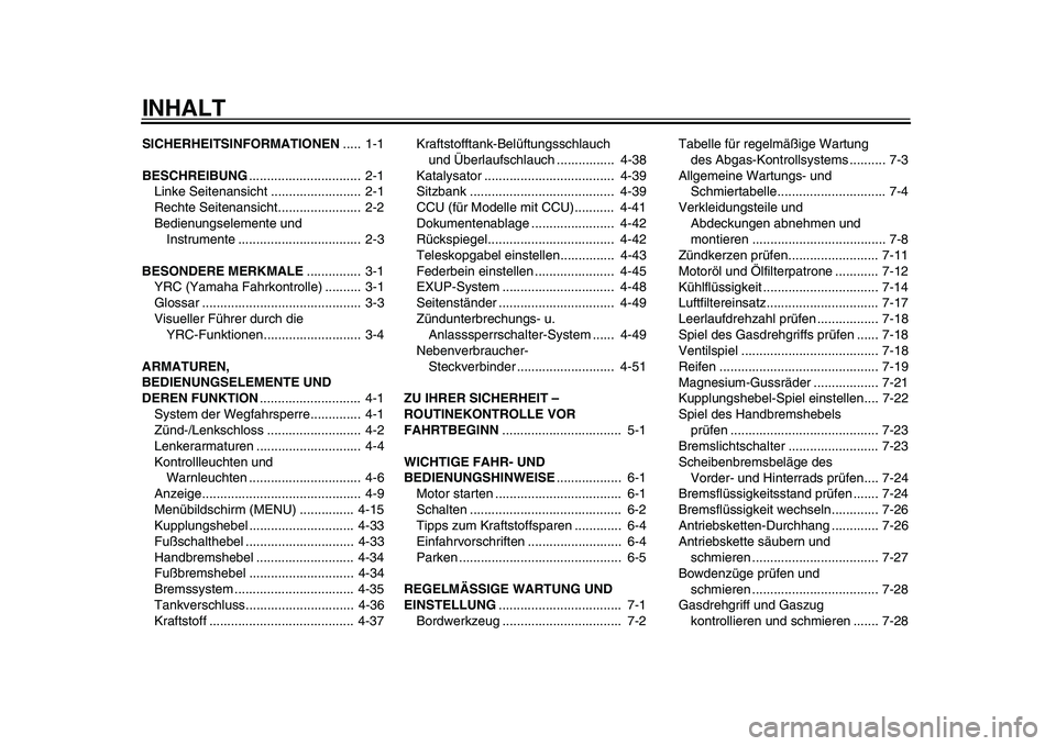 YAMAHA YZF-R1M 2015  Betriebsanleitungen (in German) INHALTSICHERHEITSINFORMATIONEN.....  1-1
BESCHREIBUNG ...............................  2-1
Linke Seitenansicht .........................  2-1
Rechte Seitenansicht.......................  2-2
Bedienung