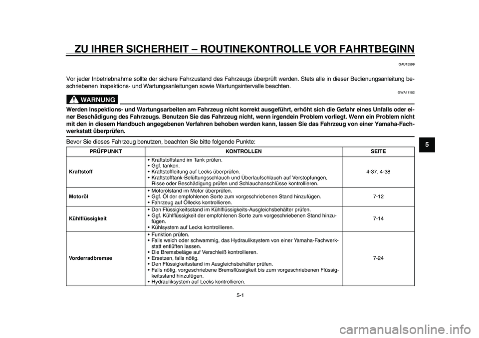 YAMAHA YZF-R1 2015 Betriebsanleitungen (in German) 5-1
1
2
3
456
7
8
9
10
11
12
ZU IHRER SICHERHEIT – ROUT INEKONTROLLE VOR FAHRTBEGINN
GAU15599
Vor jeder Inbetriebnahme sollte der sichere Fahrzustand des Fahrzeugs überprüft werden. Stets alle in YAMAHA YZF-R1 2015 Betriebsanleitungen (in German) 5-1
1
2
3
456
7
8
9
10
11
12
ZU IHRER SICHERHEIT – ROUT INEKONTROLLE VOR FAHRTBEGINN
GAU15599
Vor jeder Inbetriebnahme sollte der sichere Fahrzustand des Fahrzeugs überprüft werden. Stets alle in