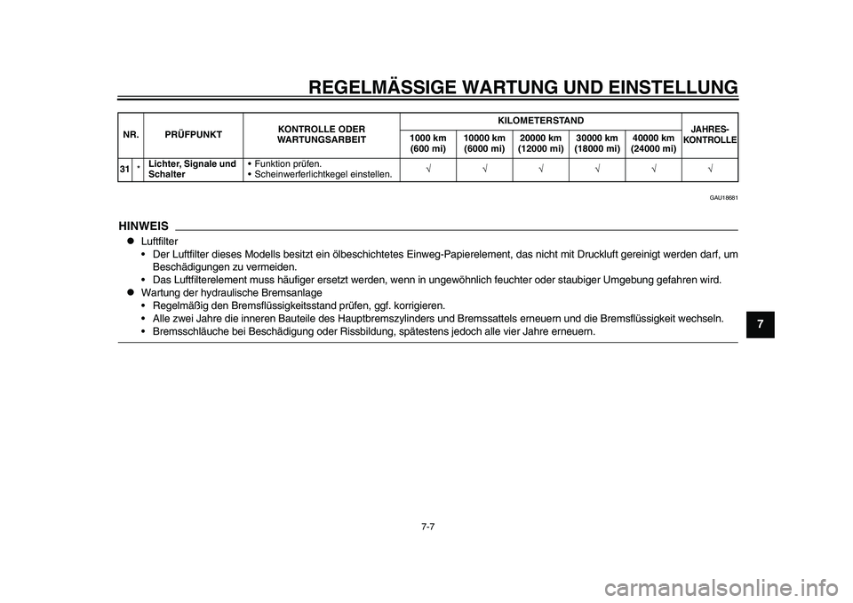 YAMAHA YZF-R1 2015 Betriebsanleitungen (in German) REGELMÄSSIGE WARTUNG UND EINSTELLUNG
7-7
1
2
3
4
5
678
9
10
11
12
GAU18681
HINWEIS
Luftfilter
Der Luftfilter dieses Modells besitzt ein ölbeschichtetes Ei nweg-Papierelement, das nicht mit Druck YAMAHA YZF-R1 2015 Betriebsanleitungen (in German) REGELMÄSSIGE WARTUNG UND EINSTELLUNG
7-7
1
2
3
4
5
678
9
10
11
12
GAU18681
HINWEIS
Luftfilter
Der Luftfilter dieses Modells besitzt ein ölbeschichtetes Ei nweg-Papierelement, das nicht mit Druck