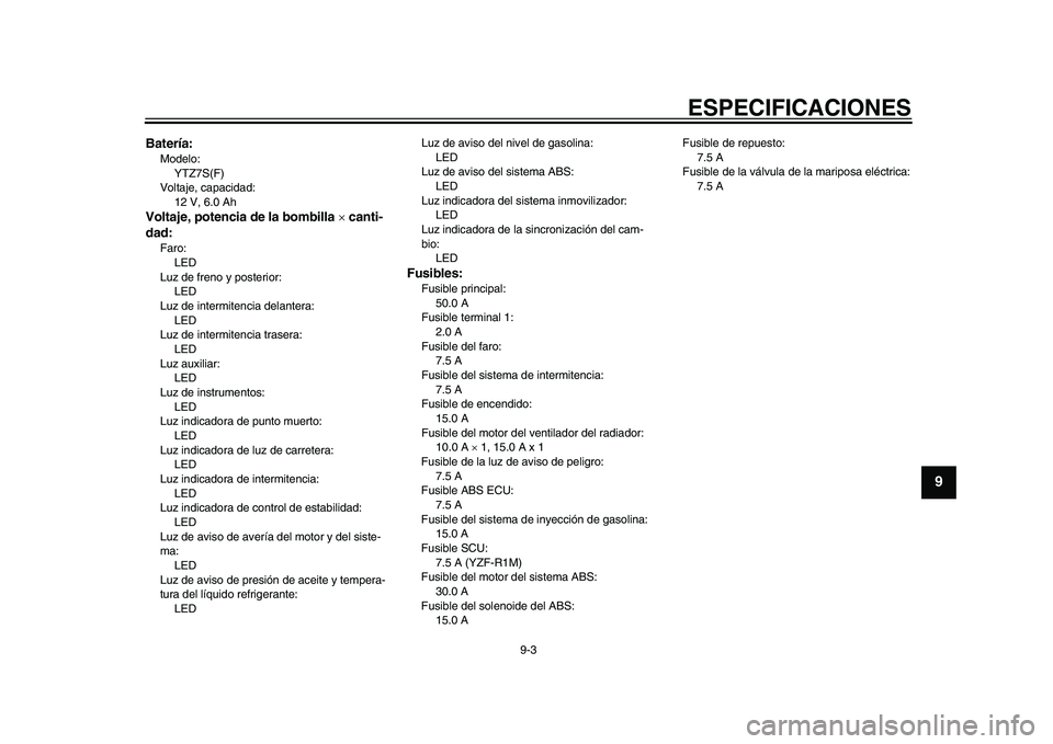 YAMAHA YZF-R1M 2015 Manuale de Empleo (in Spanish) ESPECIFICACIONES
9-3
1
2
3
4
5
6
7
8910
11
12
Batería:Modelo:YTZ7S(F)
Voltaje, capacidad: 12 V, 6.0 AhVoltaje, potencia de la bombilla canti-
dad:Faro:
LED
Luz de freno y posterior: LED
Luz de i YAMAHA YZF-R1M 2015 Manuale de Empleo (in Spanish) ESPECIFICACIONES
9-3
1
2
3
4
5
6
7
8910
11
12
Batería:Modelo:YTZ7S(F)
Voltaje, capacidad: 12 V, 6.0 AhVoltaje, potencia de la bombilla canti-
dad:Faro:
LED
Luz de freno y posterior: LED
Luz de i