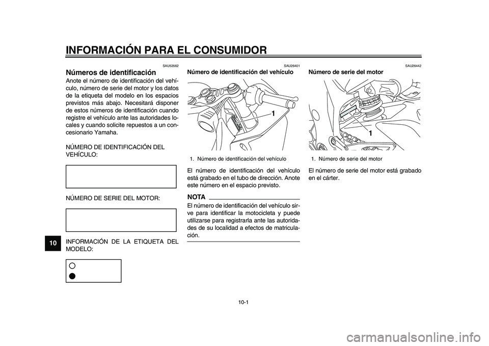 YAMAHA YZF-R1M 2015 Manuale de Empleo (in Spanish) 10-1
1
2
3
4
5
6
7
8
910
11
12
INFORMACIÓN PARA EL CONSUMIDOR
SAU53562
Números de identificaciónAnote el número de identificación del vehí-
culo, número de serie del motor y los datos
de la eti YAMAHA YZF-R1M 2015 Manuale de Empleo (in Spanish) 10-1
1
2
3
4
5
6
7
8
910
11
12
INFORMACIÓN PARA EL CONSUMIDOR
SAU53562
Números de identificaciónAnote el número de identificación del vehí-
culo, número de serie del motor y los datos
de la eti