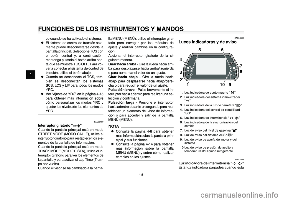 YAMAHA YZF-R1M 2015 Manuale de Empleo (in Spanish) FUNCIONES DE LOS INSTRUMENTOS Y MANDOS
4-5
1
2
34
5
6
7
8
9
10
11
12
co cuando se ha activado el sistema.
El sistema de control de tracción sola-
mente puede desconectarse desde la
pantalla princ YAMAHA YZF-R1M 2015 Manuale de Empleo (in Spanish) FUNCIONES DE LOS INSTRUMENTOS Y MANDOS
4-5
1
2
34
5
6
7
8
9
10
11
12
co cuando se ha activado el sistema.
El sistema de control de tracción sola-
mente puede desconectarse desde la
pantalla princ