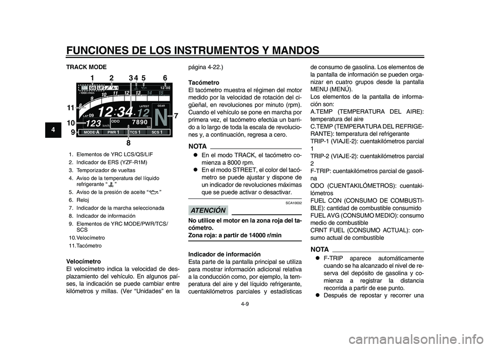 YAMAHA YZF-R1M 2015 Manuale de Empleo (in Spanish) FUNCIONES DE LOS INSTRUMENTOS Y MANDOS
4-9
1
2
34
5
6
7
8
9
10
11
12
TRACK MODE
Velocímetro
El velocímetro indica la velocidad de des-
plazamiento del vehículo. En algunos paí-
ses, la indicación YAMAHA YZF-R1M 2015 Manuale de Empleo (in Spanish) FUNCIONES DE LOS INSTRUMENTOS Y MANDOS
4-9
1
2
34
5
6
7
8
9
10
11
12
TRACK MODE
Velocímetro
El velocímetro indica la velocidad de des-
plazamiento del vehículo. En algunos paí-
ses, la indicación