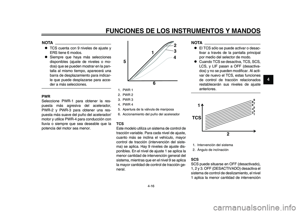 YAMAHA YZF-R1M 2015 Manuale de Empleo (in Spanish) FUNCIONES DE LOS INSTRUMENTOS Y MANDOS
4-16
1
2
345
6
7
8
9
10
11
12
NOTA
TCS cuenta con 9 niveles de ajuste y
ERS tiene 6 modos.
Siempre que haya más selecciones
disponibles (ajuste de nivele YAMAHA YZF-R1M 2015 Manuale de Empleo (in Spanish) FUNCIONES DE LOS INSTRUMENTOS Y MANDOS
4-16
1
2
345
6
7
8
9
10
11
12
NOTA
TCS cuenta con 9 niveles de ajuste y
ERS tiene 6 modos.
Siempre que haya más selecciones
disponibles (ajuste de nivele