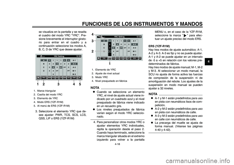 YAMAHA YZF-R1M 2015 Manuale de Empleo (in Spanish) FUNCIONES DE LOS INSTRUMENTOS Y MANDOS
4-18
1
2
345
6
7
8
9
10
11
12
se visualiza en la pantalla y se resalta
el cuadro del modo YRC “YRC”. Pre-
sione brevemente el interruptor girato-
rio para en YAMAHA YZF-R1M 2015 Manuale de Empleo (in Spanish) FUNCIONES DE LOS INSTRUMENTOS Y MANDOS
4-18
1
2
345
6
7
8
9
10
11
12
se visualiza en la pantalla y se resalta
el cuadro del modo YRC “YRC”. Pre-
sione brevemente el interruptor girato-
rio para en