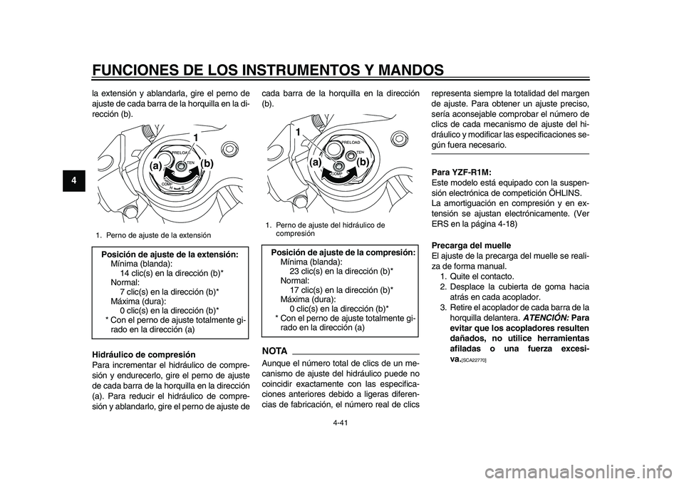 YAMAHA YZF-R1M 2015 Manuale de Empleo (in Spanish) FUNCIONES DE LOS INSTRUMENTOS Y MANDOS
4-41
1
2
34
5
6
7
8
9
10
11
12
la extensión y ablandarla, gire el perno de
ajuste de cada barra de la horquilla en la di-
rección (b).
Hidráulico de compresi YAMAHA YZF-R1M 2015 Manuale de Empleo (in Spanish) FUNCIONES DE LOS INSTRUMENTOS Y MANDOS
4-41
1
2
34
5
6
7
8
9
10
11
12
la extensión y ablandarla, gire el perno de
ajuste de cada barra de la horquilla en la di-
rección (b).
Hidráulico de compresi