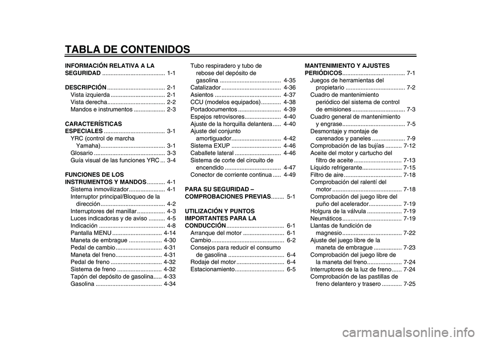 YAMAHA YZF-R1 2015 Manuale de Empleo (in Spanish) TABLA DE CONTENIDOSINFORMACIÓN RELATIVA A LA
SEGURIDAD...................................... 1-1
DESCRIPCIÓN ................................... 2-1
Vista izquierda .............................. YAMAHA YZF-R1 2015 Manuale de Empleo (in Spanish) TABLA DE CONTENIDOSINFORMACIÓN RELATIVA A LA
SEGURIDAD...................................... 1-1
DESCRIPCIÓN ................................... 2-1
Vista izquierda ..............................