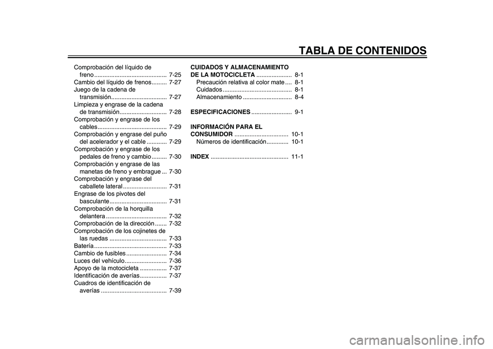 YAMAHA YZF-R1M 2015  Manuale de Empleo (in Spanish) TABLA DE CONTENIDOS
Comprobación del líquido de freno ...........................................  7-25
Cambio del líquido de frenos .........  7-27
Juego de la cadena de  transmisión.............