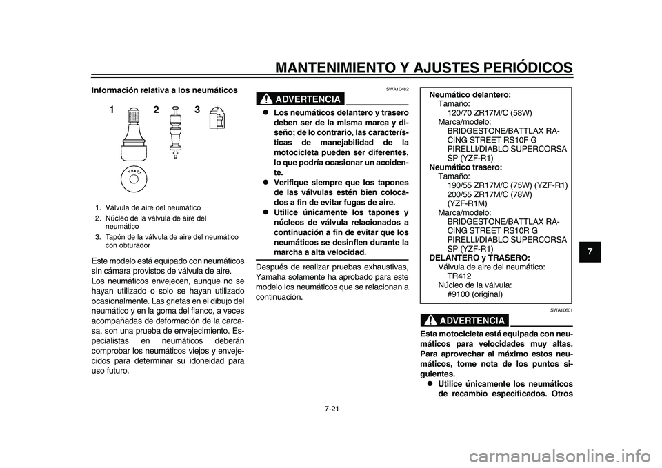 YAMAHA YZF-R1M 2015 Manuale de Empleo (in Spanish) MANTENIMIENTO Y AJUSTES PERIÓDICOS
7-21
1
2
3
4
5
678
9
10
11
12
Información relativa a los neumáticos
Este modelo está equipado con neumáticos
sin cámara provistos de válvula de aire.
Los neum YAMAHA YZF-R1M 2015 Manuale de Empleo (in Spanish) MANTENIMIENTO Y AJUSTES PERIÓDICOS
7-21
1
2
3
4
5
678
9
10
11
12
Información relativa a los neumáticos
Este modelo está equipado con neumáticos
sin cámara provistos de válvula de aire.
Los neum