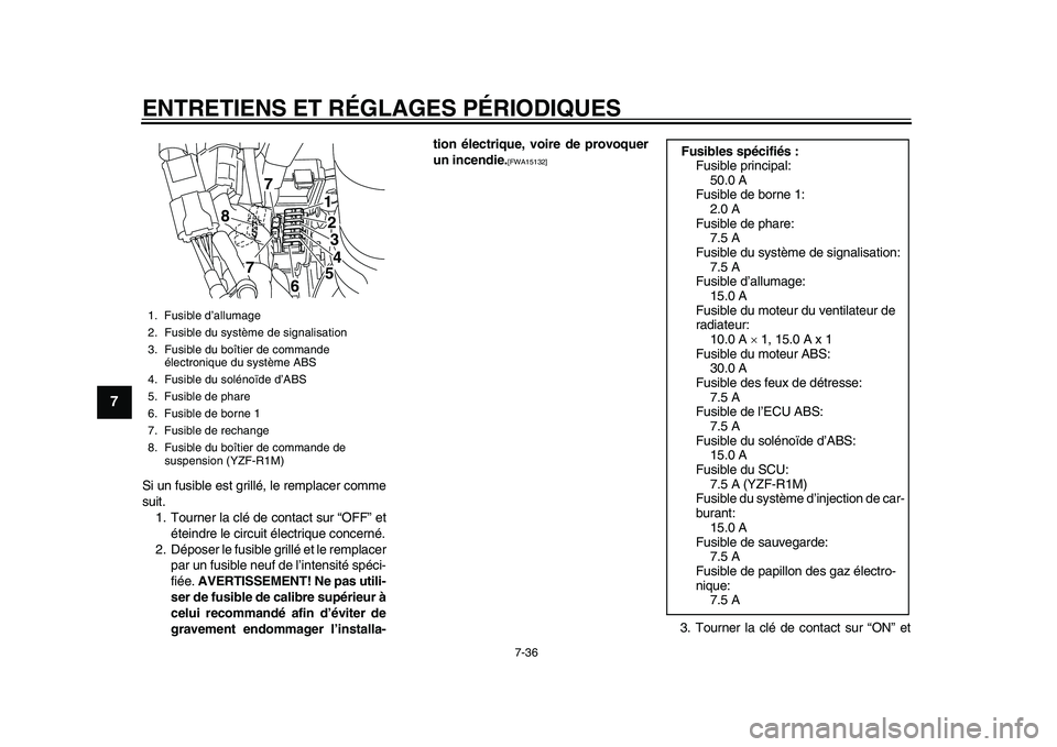 YAMAHA YZF-R1 2015  Notices Demploi (in French) ENTRETIENS ET RÉGLAGES PÉRIODIQUES
7-36
1
2
3
4
5
67
8
9
10
11
12
Si un fusible est grillé, le remplacer comme
suit. 1. Tourner la clé de contact sur “OFF” et éteindre le circuit électrique 
