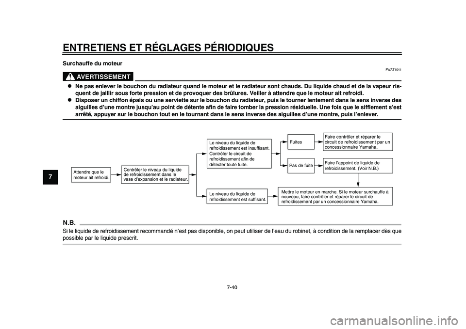 YAMAHA YZF-R1 2015  Notices Demploi (in French) ENTRETIENS ET RÉGLAGES PÉRIODIQUES
7-40
1
2
3
4
5
67
8
9
10
11
12
Surchauffe du moteur
AVERTISSEMENT
FWAT1041

Ne pas enlever le bouchon du radiateur quand le moteur et le radi ateur sont chauds.