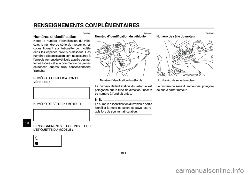 YAMAHA YZF-R1 2015 Notices Demploi (in French) 10-1
1
2
3
4
5
6
7
8
910
11
12
RENSEIGNEMENTS COMPLÉMENTAIRES
FAU53562
Numéros d’identificationNotez le numéro d’identification du véhi-
cule, le numéro de série du moteur et les
codes figur YAMAHA YZF-R1 2015 Notices Demploi (in French) 10-1
1
2
3
4
5
6
7
8
910
11
12
RENSEIGNEMENTS COMPLÉMENTAIRES
FAU53562
Numéros d’identificationNotez le numéro d’identification du véhi-
cule, le numéro de série du moteur et les
codes figur