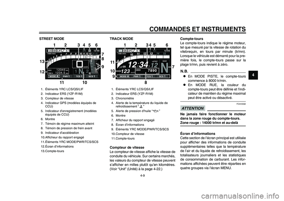YAMAHA YZF-R1M 2015  Notices Demploi (in French) COMMANDES ET INSTRUMENTS
4-9
1
2
345
6
7
8
9
10
11
12
STREET MODE TRACK MODE
Compteur de vitesse
Le compteur de vitesse affiche la vitesse de
conduite du véhicule. Sur certains marchés,
les valeurs 