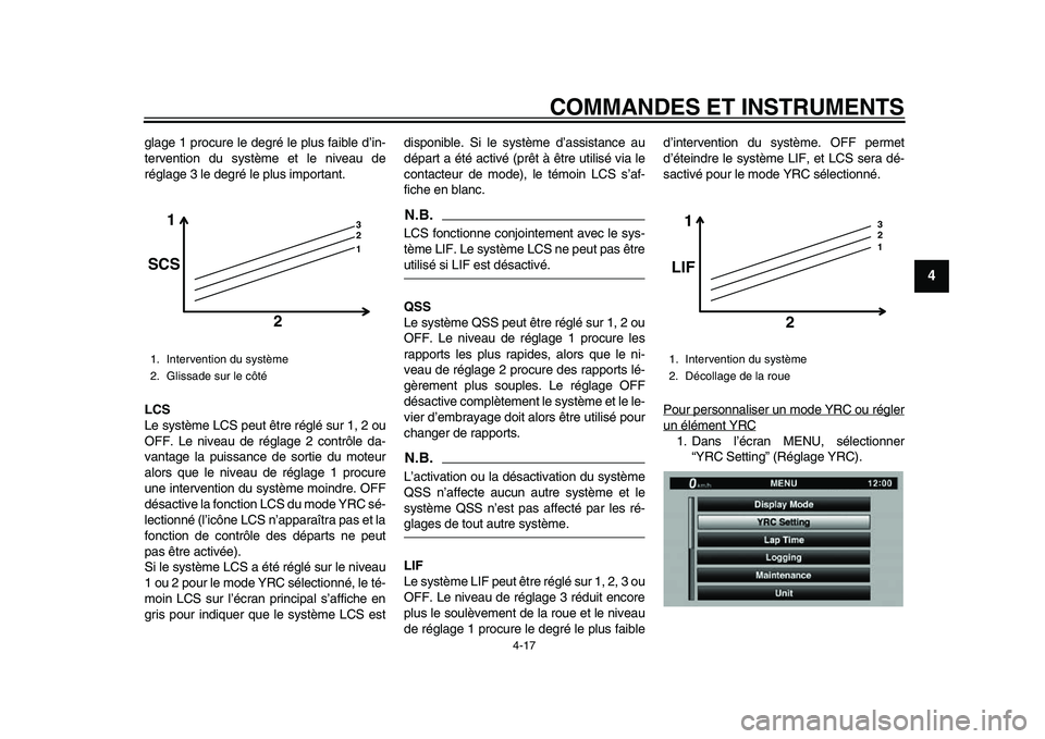 YAMAHA YZF-R1M 2015  Notices Demploi (in French) COMMANDES ET INSTRUMENTS
4-17
1
2
345
6
7
8
9
10
11
12
glage 1 procure le degré le plus faible d’in-
tervention du système et le niveau de
réglage 3 le degré le plus important.
LCS
Le système L