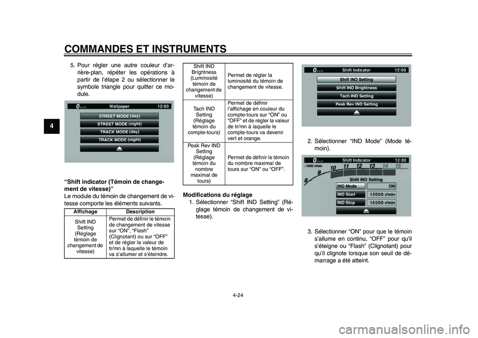 YAMAHA YZF-R1 2015 Notices Demploi (in French) COMMANDES ET INSTRUMENTS
4-24
1
2
34
5
6
7
8
9
10
11
12
5. Pour régler une autre couleur d’ar- rière-plan, répéter les opérations à
partir de l’étape 2 ou sélectionner le
symbole triangle YAMAHA YZF-R1 2015 Notices Demploi (in French) COMMANDES ET INSTRUMENTS
4-24
1
2
34
5
6
7
8
9
10
11
12
5. Pour régler une autre couleur d’ar- rière-plan, répéter les opérations à
partir de l’étape 2 ou sélectionner le
symbole triangle
