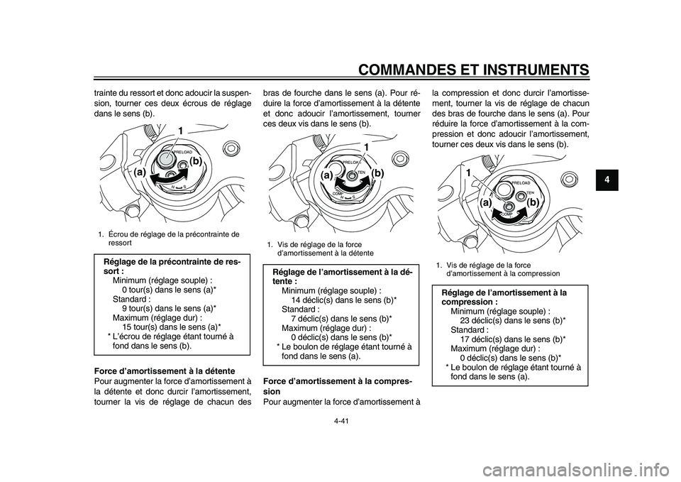 YAMAHA YZF-R1 2015 Notices Demploi (in French) COMMANDES ET INSTRUMENTS
4-41
1
2
345
6
7
8
9
10
11
12
trainte du ressort et donc adoucir la suspen-
sion, tourner ces deux écrous de réglage
dans le sens (b).
Force d’amortissement à la détente YAMAHA YZF-R1 2015 Notices Demploi (in French) COMMANDES ET INSTRUMENTS
4-41
1
2
345
6
7
8
9
10
11
12
trainte du ressort et donc adoucir la suspen-
sion, tourner ces deux écrous de réglage
dans le sens (b).
Force d’amortissement à la détente